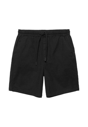Fekete, közepes hosszúságú rövidnadrágok elasztikus derékpánttal, húzózsinórral és oldalzsebekkel, fehér háttér előtt bemutatva.