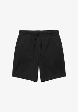 Sorte mid-længde shorts med elastisk talje, snøre og sidelommer, vist mod en hvid baggrund.