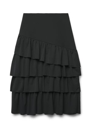 Jupe noire taille haute avec quatre volants horizontaux en couches couvrant la partie inférieure, créant un effet à étages.