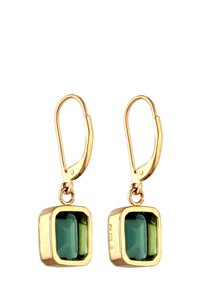 Goldfarbene Ohrringe mit rechteckigen grünen Edelsteinen, die ein elegantes Design und einen Hebelverschluss für sicheren Halt aufweisen.