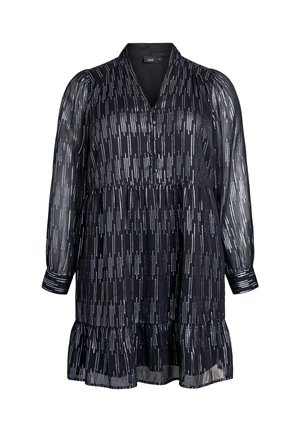 Zwarte lange mouwen jurk met zilveren verticale streep motief, knoopsluiting bij de V-hals, doorschijnende pofmouwen, geplooide taille en gerimpelde zoom.