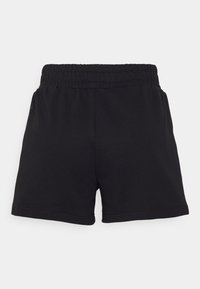 Shorts neri in misto cotone con cintura elastica, caratterizzati da una vestibilità comoda e una texture liscia. Senza tasche visibili né decorazioni.