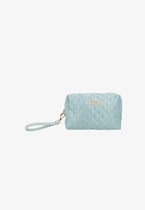 Hellblau gestepptes Handgelenketui mit Reißverschluss und kleinem rechteckigem "Unique Accessories"-Etikett auf der Vorderseite.