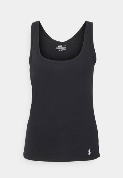 Black cotton tank top with a scoop neckline, minimalistic design, and a small white logo detail near the hem. Soft texture, casual fit.