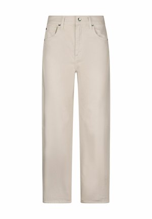 Pantaloni beige a gamba larga realizzati in tessuto di cotone. Presentano tasche anteriori e una chiusura con bottone, caratterizzati da una texture liscia. Design semplice.