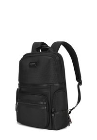 Sac à dos en tissu noir avec plusieurs poches zippées, des bretelles rembourrées et réglables, et un design structuré. Surface Texturée avec des accents en métal.