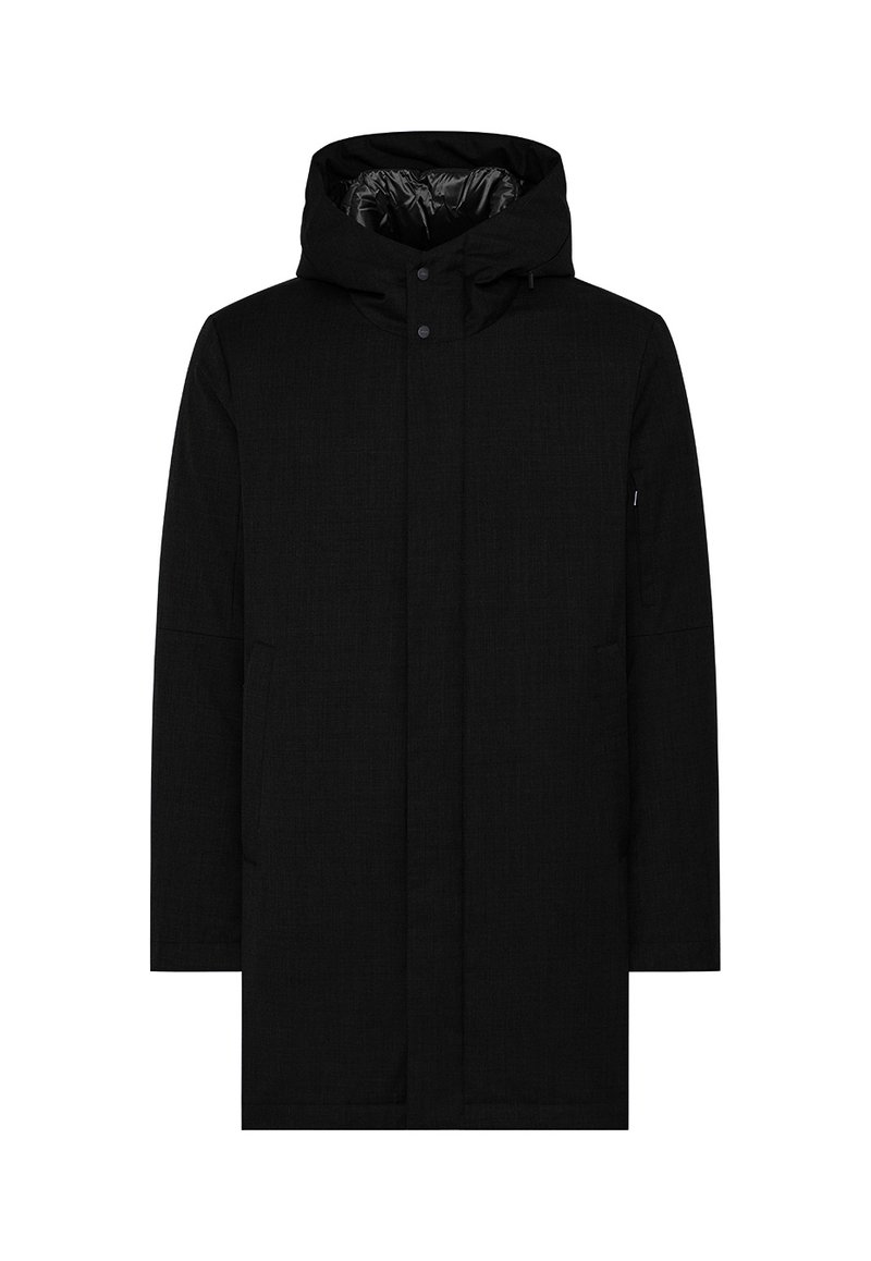 Sort hættejakke med struktureret finish. Har en lynlås og trykknaplukning, to sidelommer og et slankt, minimalistisk design.