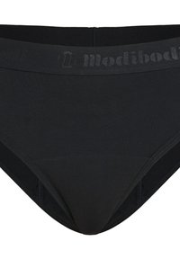 Sous-vêtements en bikini noir fabriqués dans un tissu doux. Dotés d'une large ceinture élastique avec "Modibodi" subtilement embossé. Texture lisse.
