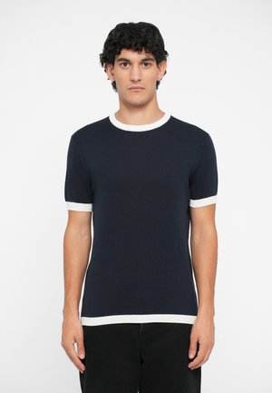 Short-sleeve navy T-shirt with white ribbed collar and cuffs, close-fitting design, smooth texture, and clean finish.