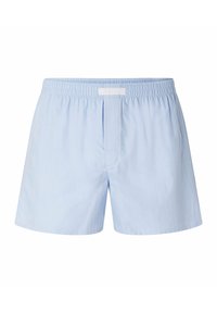 Boxers bleu clair en coton avec une taille élastique, présentant une patte de boutonnage sur le devant et sans motif ni décoration.