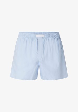 Helles blaues Baumwoll-Boxershorts mit elastischem Bund, ausgestattet mit einer Frontknopfleiste und ohne Muster oder Verzierungen.