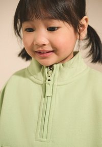 Vaaleanvihreä fleece-pullovetäjä, jossa on korkea kaulus ja puoliveto. Pehmeä rakenne, vähäiset saumat ja tiukka istuvuus kaulan ympärillä.