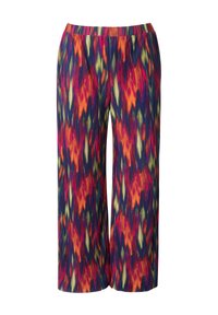 Pantalones de pierna ancha multicolores con un diseño plisado. Presenta patrones audaces en tonalidades de rojo, naranja, verde y azul. Cintura elástica.