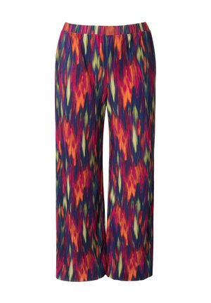Mehrfarbige, weit geschnittene Hosen mit Falten-Design. Mit auffälligen Mustern in Rot, Orange, Grün und Blau. Mit elastischem Bund.