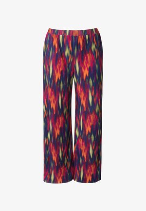Mehrfarbige, weit geschnittene Hosen mit Falten-Design. Mit auffälligen Mustern in Rot, Orange, Grün und Blau. Mit elastischem Bund.
