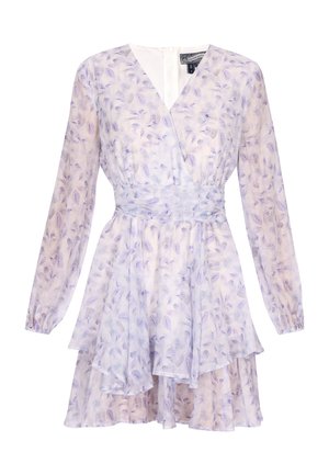 Lille lilledega õlavarre pikkade varrukatega kleit, millel on rätsepatöö. Helepurgandi ja kreemivärviga, kihilise seeliku ja seotud vöödetailiga.