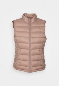 Prošívaná vesta bez rukávů v tlumené růžové barvě, s vysokým límcem a předním zipem, s hladkou matnou texturou bez viditelné kovové výbavy.