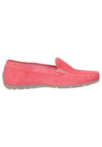 Koralle Wildleder Slipper mit gestickten Details, runder Spitze und flexiblem Gummisohle. Das Innere hat ein gestreiftes Muster.