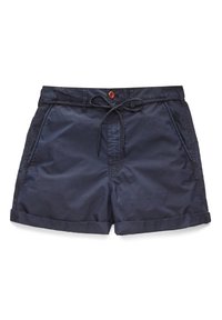 Námořnické modré bavlněné kraťasy s šňůrkou v pase, předními kapsami a ohrnutými manžetami. Vybaveny hnědým knoflíkem vpředu. Hladká textura.