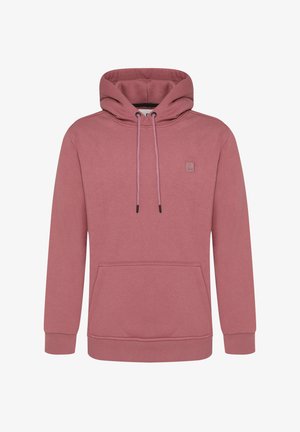 Pink hoodie made of soft fabric, featuring a front pocket, drawstrings, and a logo on the chest. Standard fit with ribbed cuffs.