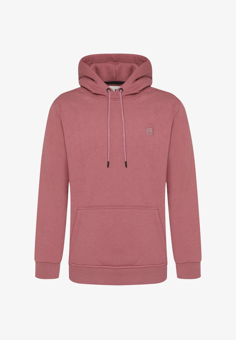 Rosa Kapuzenpullover aus weichem Stoff, mit einer vorderen Tasche, Kordeln und einem Logo auf der Brust. Standardpassform mit gerippten Bündchen.