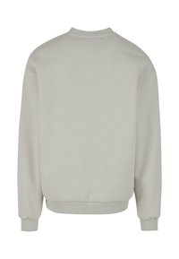 Sweatshirt gris clair avec un col et des poignets côtelés, coupe décontractée et texture de tissu douce. Design uni sans logos ni motifs visibles.