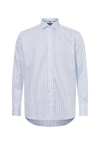 Camicia a maniche lunghe a righe blu chiaro, realizzata in tessuto leggero. Caratterizzata da un colletto a punta, chiusura con bottoni completa e orlo arrotondato.