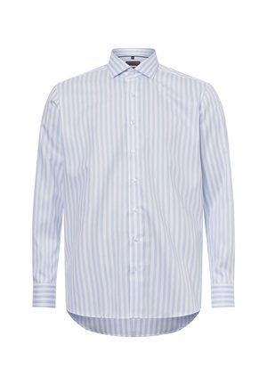 Hellblau gestreiftes Langarmshirt aus leichtem Stoff. Mit spitzem Kragen, durchgehendem Knopfverschluss und abgerundetem Saum.