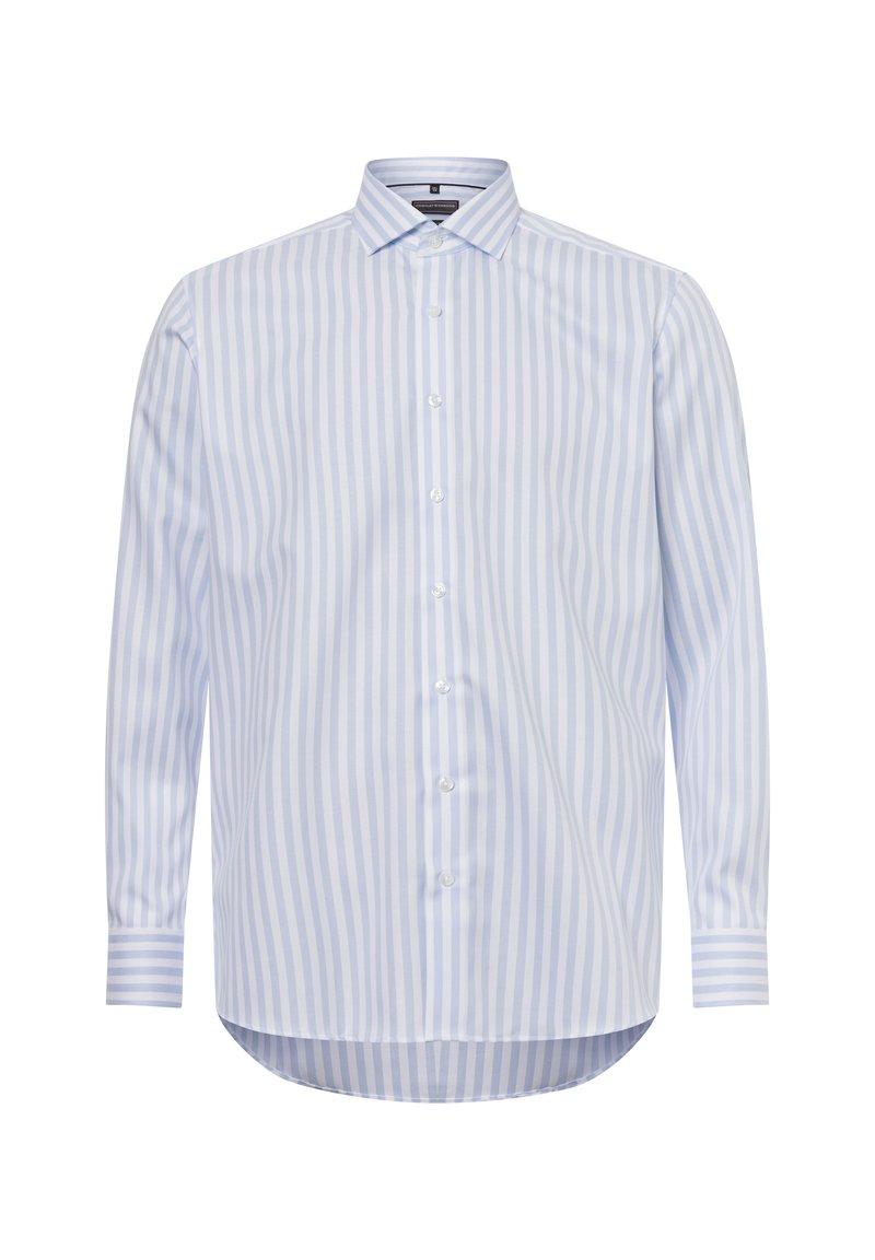 Camicia a maniche lunghe a righe blu chiaro, realizzata in tessuto leggero. Caratterizzata da un colletto a punta, chiusura con bottoni completa e orlo arrotondato.