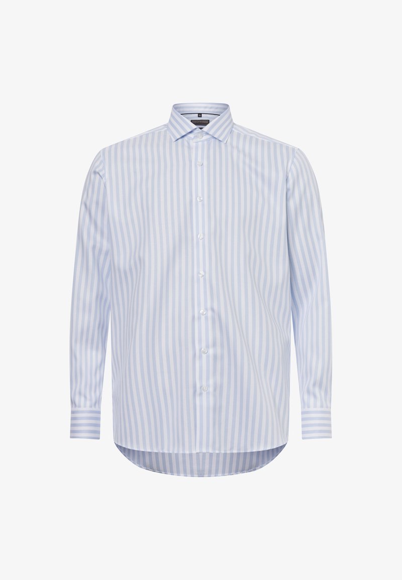 Camicia a maniche lunghe a righe blu chiaro, realizzata in tessuto leggero. Caratterizzata da un colletto a punta, chiusura con bottoni completa e orlo arrotondato.