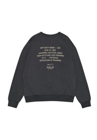 Donkergrijze sweatshirt met beige tekst op de achterkant met de tekst "Off Duty Gear 223", "Aalborg Tactical Wing" en "Education & Training" boven een klein logo.