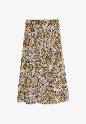 Leopardprint nederdel med nuancer af gul, brun og lilla på en lys baggrund, med et flydende design og glat tekstur.