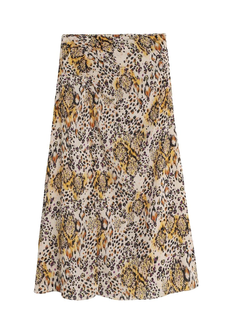 Falda de estampado de leopardo que presenta tonos de amarillo, marrón y púrpura sobre un fondo claro, con un diseño fluido y una textura suave.