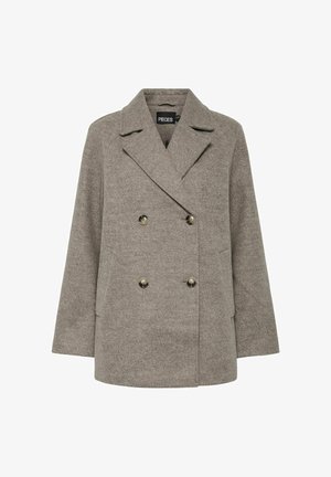 Manteau gris croisé en tissu texturé, avec de grands boutons dorés, des revers à cran et deux poches latérales.