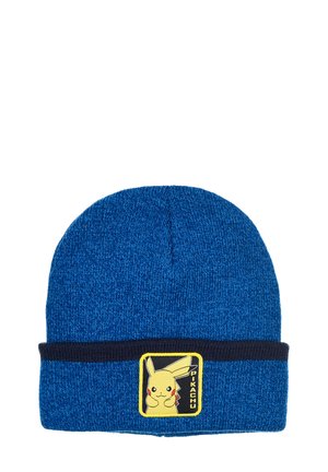 Blue knit beanie with a navy cuff, featuring a yellow Pikachu patch on the front. Soft texture and round top design.