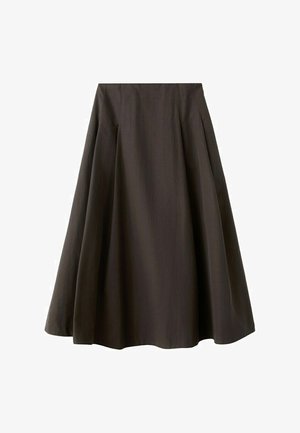 Jupe noire trapèze à taille haute avec ourlet évasé, fabriquée en tissu lisse, présentée sur fond blanc.