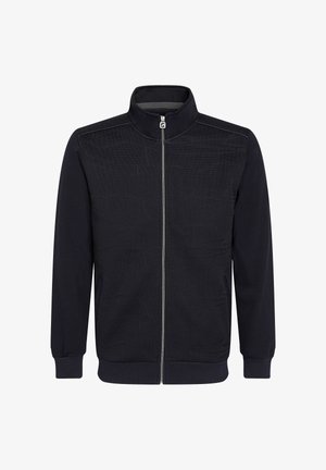 Mustas täispikkade tõmblukuga jakk kõrge kraega, reljeefne esipaneel, soonikuga mansetid, alus ja taskud kummalgi küljel.