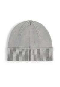 Gray knitted beanie with a cuff, featuring a smooth texture and distinct seams at the crown, suitable for casual wear.