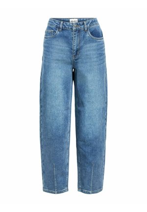 Hellblaue hoch geschnittene Jeans aus Denim mit geradem Bein, fünf Taschen und dezenten Verwaschungen. Der Saum hat seitliche Schlitze.