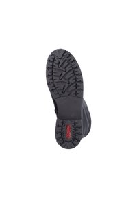 Black rubber boot with a rugged, textured outsole featuring deep treads for traction, and red "Rieker" logo near the heel.