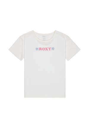 Kurzärmliges weißes Baumwoll-T-Shirt mit einem "ROXY"-Logo in Pink und Blau sowie Pfeilakzenten, Rundhalsausschnitt und normaler Passform.