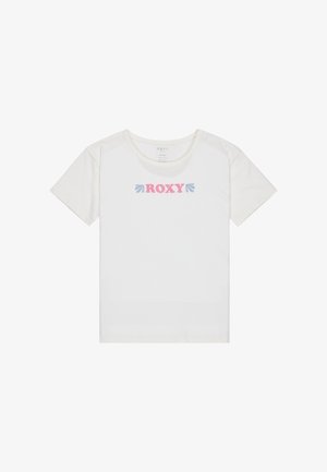 Short-sleeve white cotton T-shirt featuring a "ROXY" logo in pink and blue with arrow accents, round neckline, and standard fit.