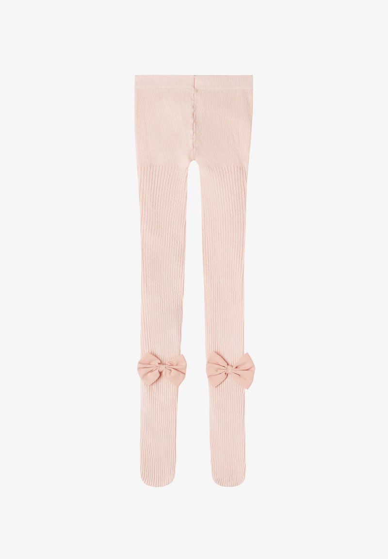 Jasnoróżowe rajstopy prążkowane mają dwa kokardki przy kostkach, wykonane z miękkiego materiału o gładkiej teksturze i równych szwach.
