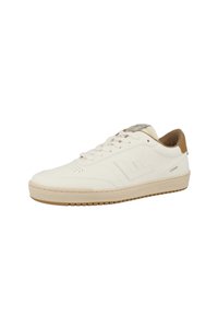 White leather sneaker with beige accents, perforated toe, and textured rubber sole. Features lace-up front and logo detail on the side.