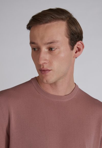 Maglioncino rosa chiaro lavorato a maglia con collo a girocollo a coste. Texture liscia, design aderente. Il modello guarda di lato, mostrando i dettagli del tessuto.
