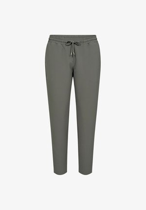 Gray athletic pants featuring an elastic waistband with a drawstring, slim fit, and side pockets. Made from soft, lightweight fabric.