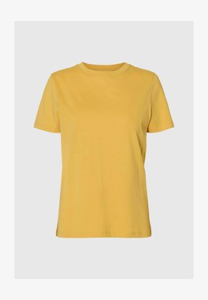 Tricou galben cu mâneci scurte și guler rotund, cu tiv drept, afișat pe un fundal gri neutru.