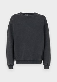Dark gray sweatshirt in soft fabric, featuring a round neckline, dropped shoulders, and ribbed cuffs and hem. Subtle branding on the front.