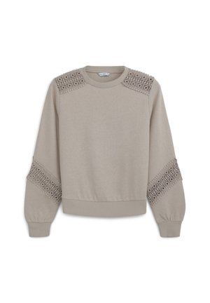 Beige Pullover mit langen Ärmeln, verziert mit Spitzenakzenten an den Schultern und Ärmeln. Weicher Stoff mit gerippten Bündchen und Saum.