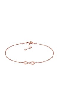 Rose-guld armbånd med et uendelighedssymbol som midtpunkt, der har en delikat kæde og en lukning med forlængelsesled til justerbar størrelse.